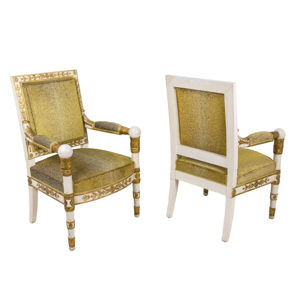 Paire de fauteuils de style Empire blanc et or, années 1950 | Biron ||||||