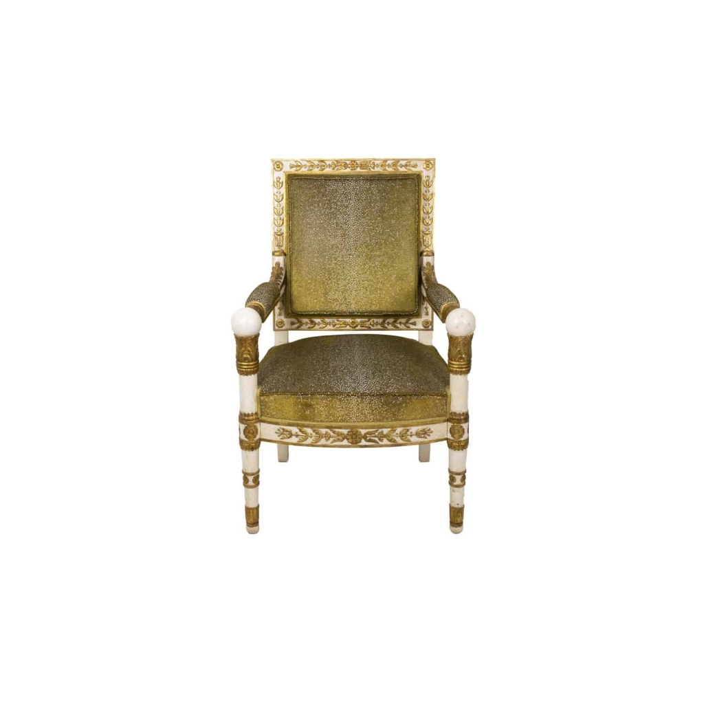 Paire de fauteuils de style Empire blanc et or, années 1950 | Biron Paire de fauteuils de style Empire blanc et or, années 1950