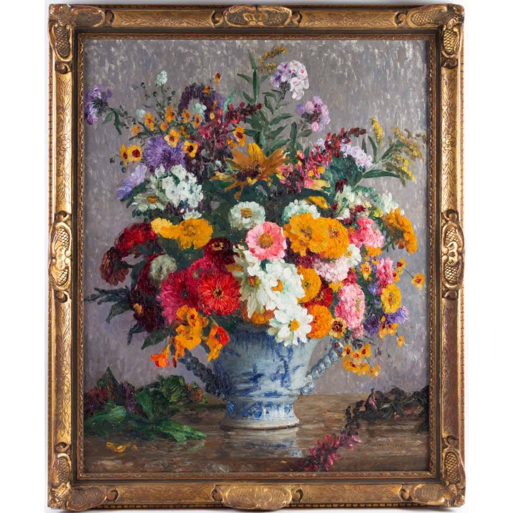 Tableau de Marthe Moisset ( 1871 1945) Compositon florale dans un vase en Delft | Biron ||||||||||||||
