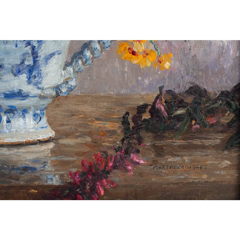Tableau de Marthe Moisset ( 1871 1945) Compositon florale dans un vase en Delft | Biron Tableau de Marthe Moisset ( 1871 1945) Compositon florale dans un vase en Delft