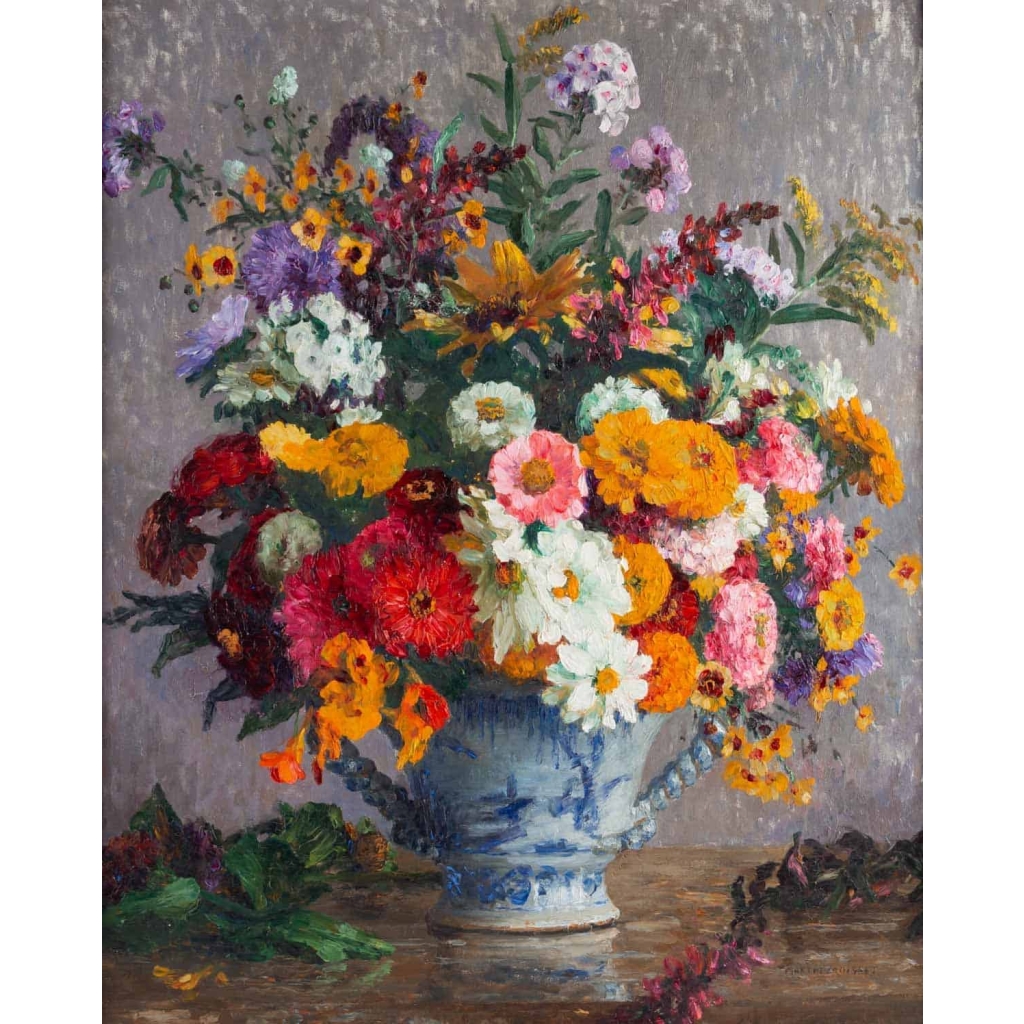 Tableau de Marthe Moisset ( 1871 1945) Compositon florale dans un vase en Delft | Biron Tableau de Marthe Moisset ( 1871 1945) Compositon florale dans un vase en Delft