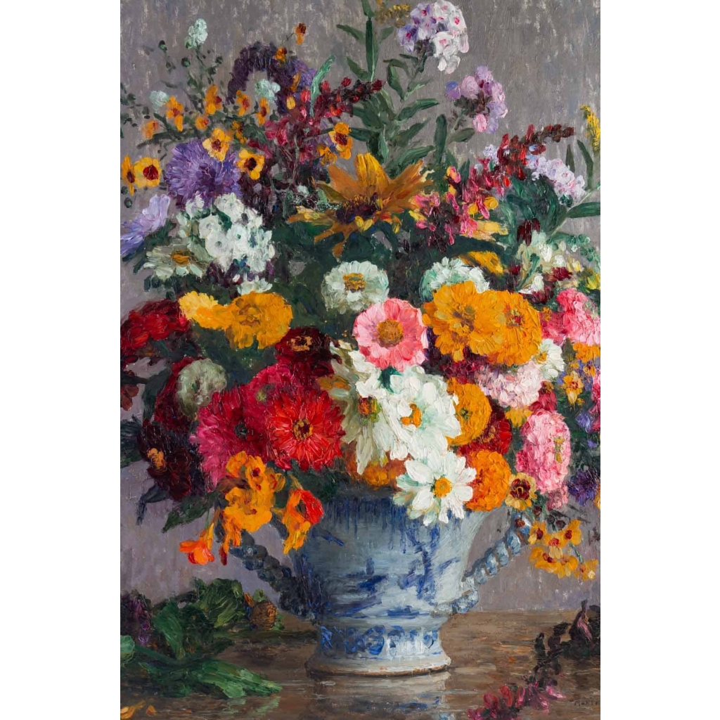Tableau de Marthe Moisset ( 1871 1945) Compositon florale dans un vase en Delft | Biron Tableau de Marthe Moisset ( 1871 1945) Compositon florale dans un vase en Delft