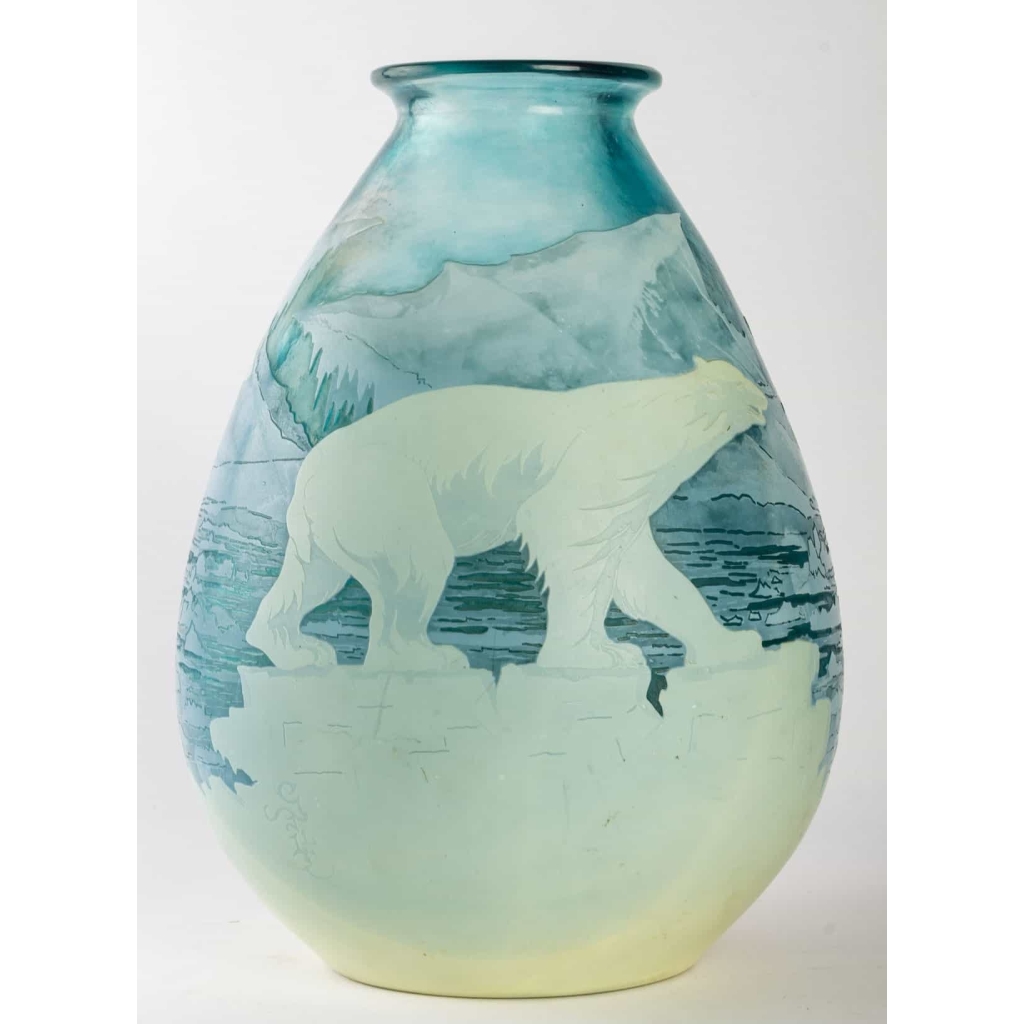 Vase « Ours Polaires » verre multicouche dégagé à l’acide d’Emile GALLE | Biron ||||||
