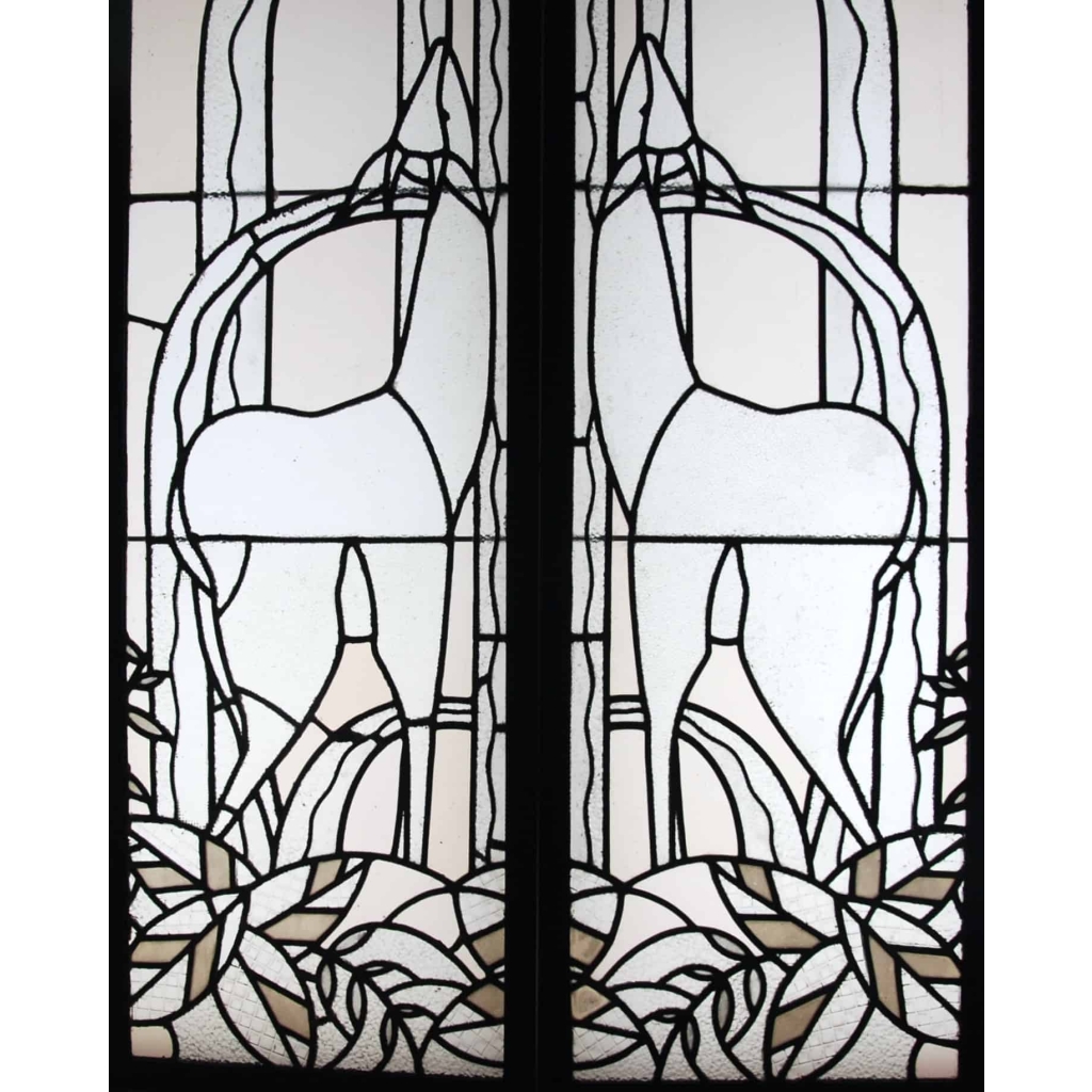 PAIRE DE VITRAUX ART DECO AUX BICHES | Biron PAIRE DE VITRAUX ART DECO AUX BICHES