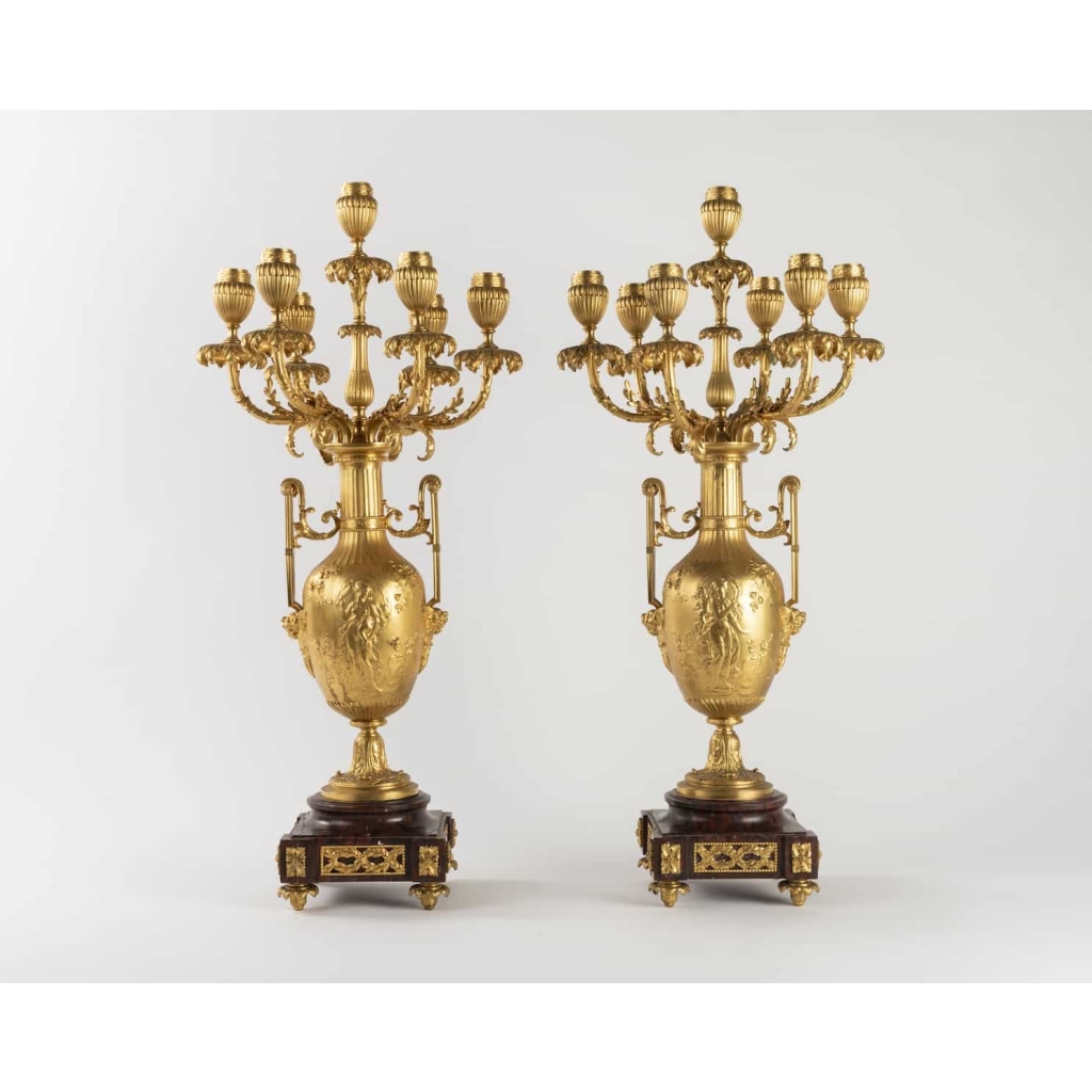A Pair of 19th Century Louis XVI St. Ormulu and Marble Candelabras. | Biron A Pair of 19th Century Louis XVI St. Ormulu and Marble Candelabras.