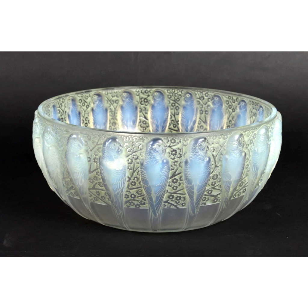 Coupe « Perruches » verre opalescent patiné vert de René LALIQUE | Biron ||||||||