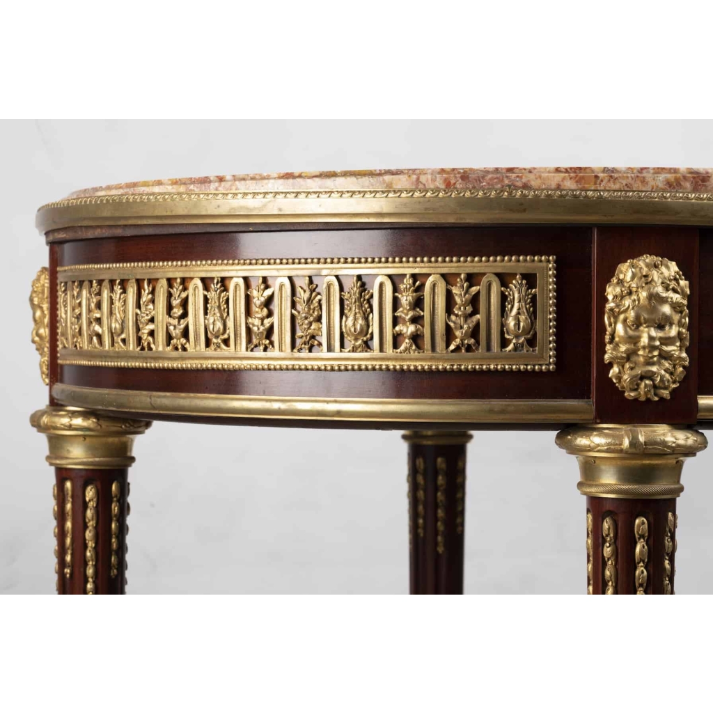 A French 19th Century Louis XVI St Mahogany, Ormulu and Brèche Saint Maximin Marble Gueridon. A French 19th Century Louis XVI St Mahogany, Ormulu and Brèche Saint Maximin Marble Gueridon.