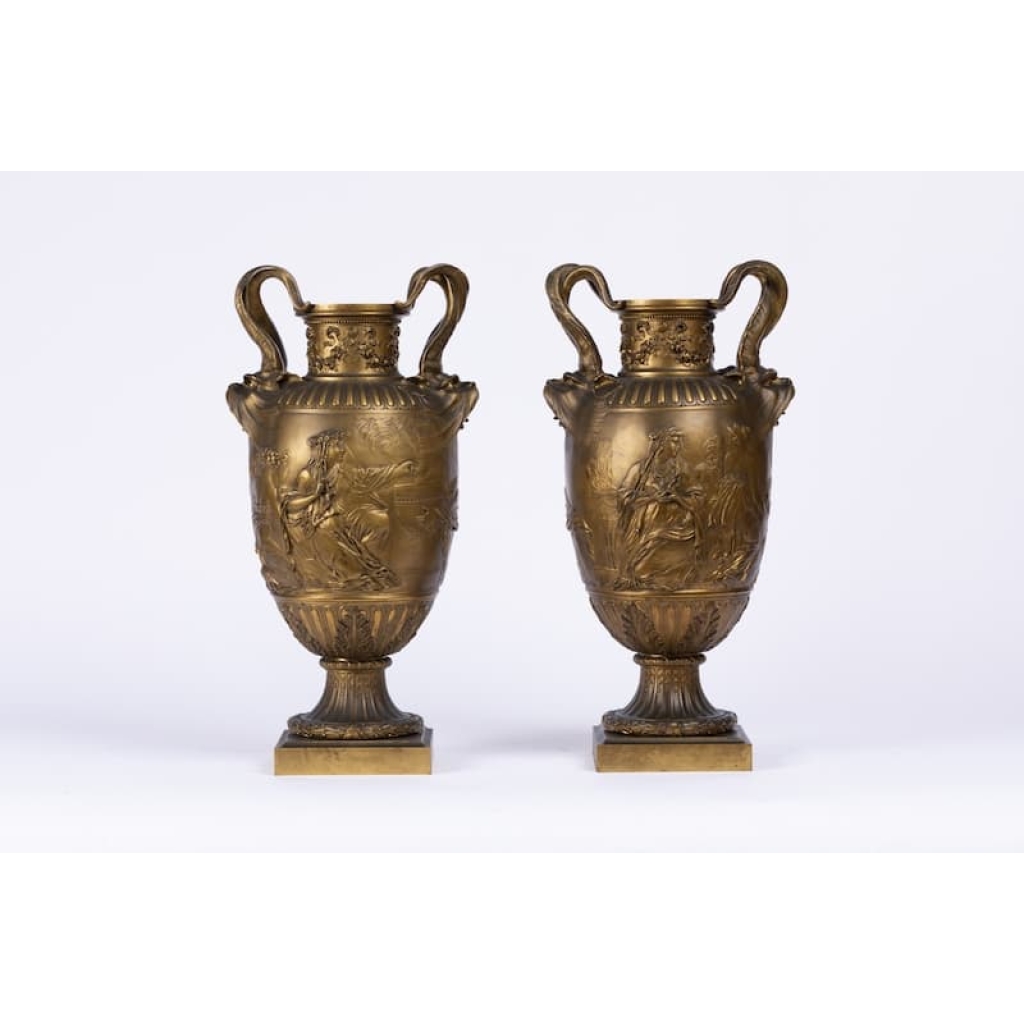 A Pair of French 19th Century Renaissance St. Patinated Bronze Urns By Ferdinand Barbedienne (1810-1892). | Biron ||||||||||