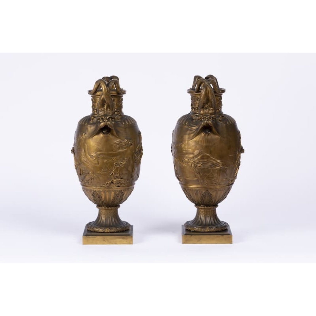 A Pair of French 19th Century Renaissance St. Patinated Bronze Urns By Ferdinand Barbedienne (1810-1892). | Biron A Pair of French 19th Century Renaissance St. Patinated Bronze Urns By Ferdinand Barbedienne (1810-1892).