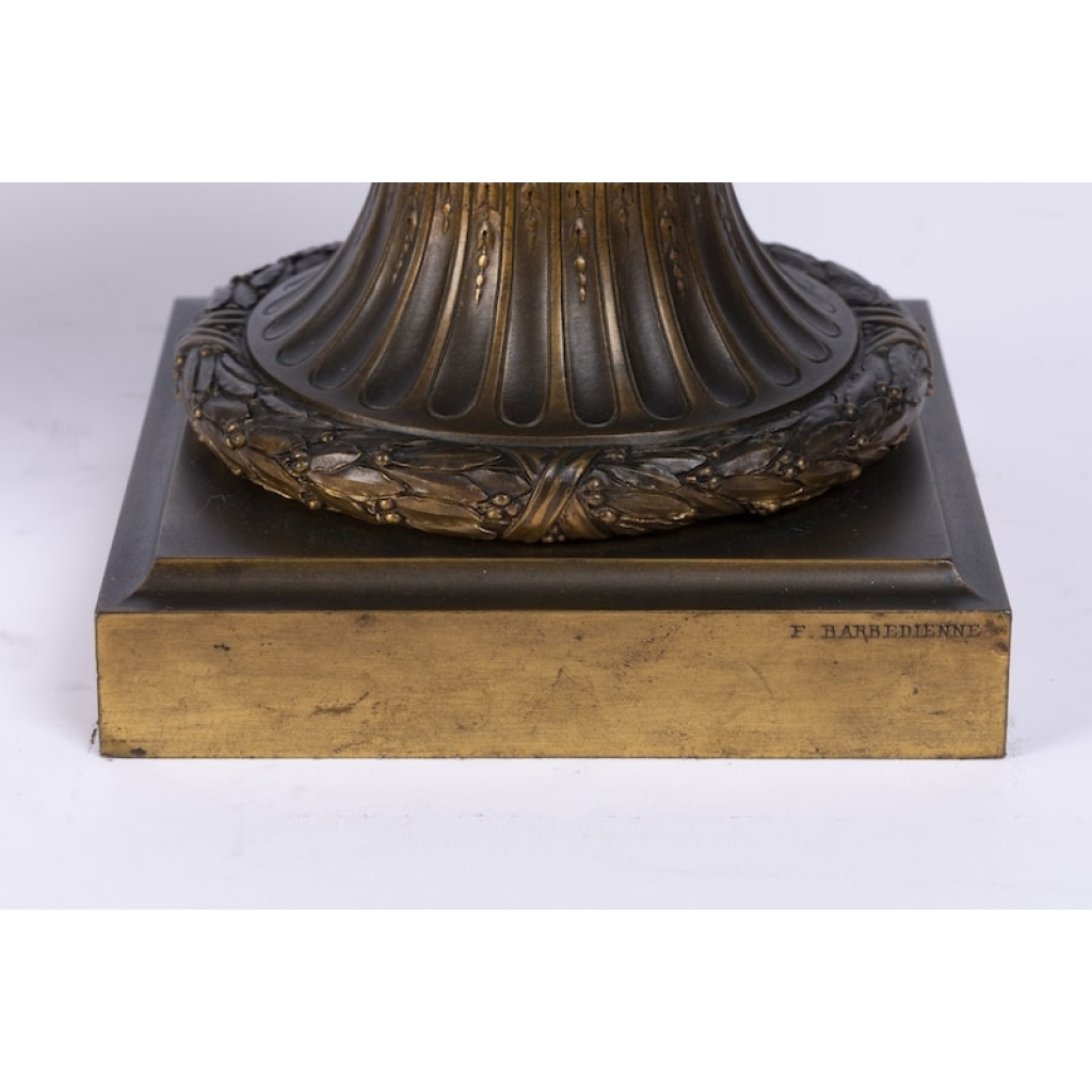 A Pair of French 19th Century Renaissance St. Patinated Bronze Urns By Ferdinand Barbedienne (1810-1892). | Biron A Pair of French 19th Century Renaissance St. Patinated Bronze Urns By Ferdinand Barbedienne (1810-1892).