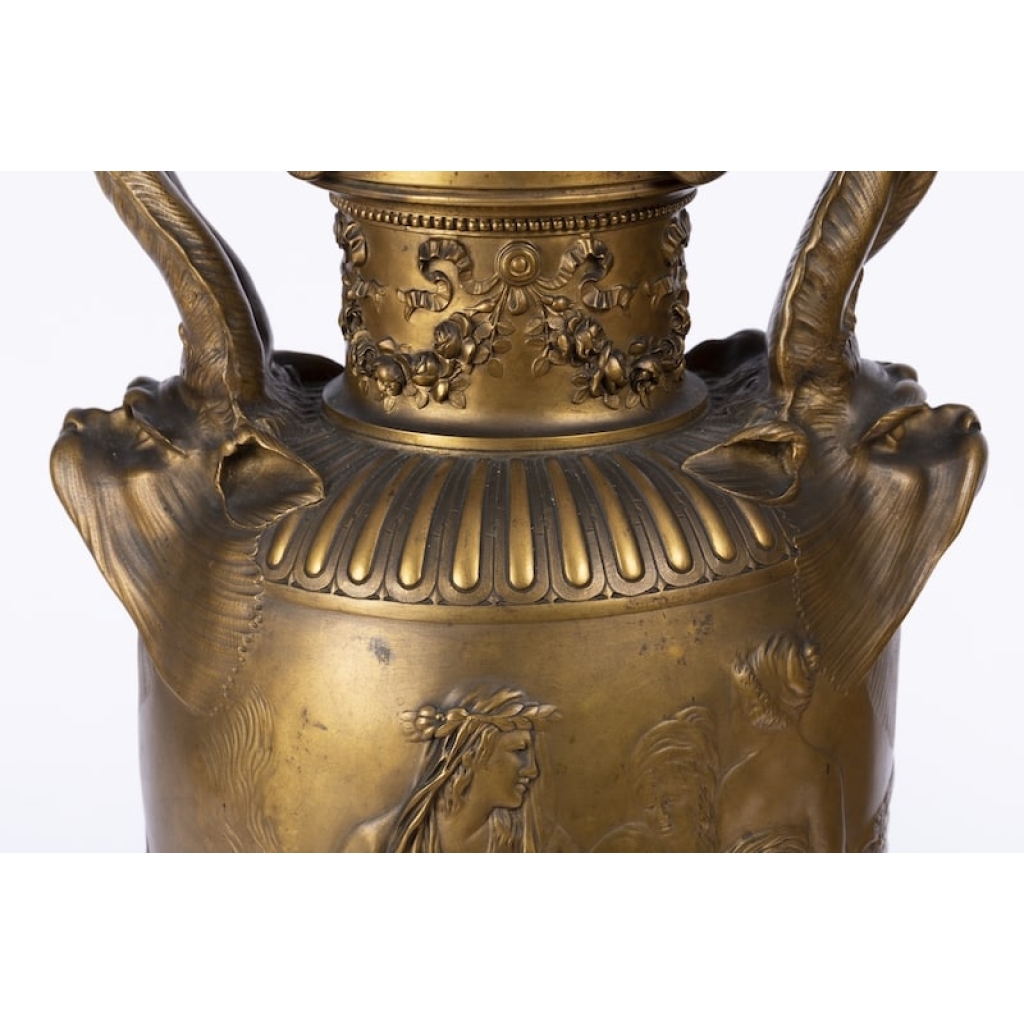 A Pair of French 19th Century Renaissance St. Patinated Bronze Urns By Ferdinand Barbedienne (1810-1892). | Biron A Pair of French 19th Century Renaissance St. Patinated Bronze Urns By Ferdinand Barbedienne (1810-1892).