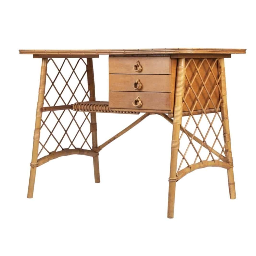 Bureau en rotin et bambou 1950 dans l’esprit de Louis Sognot | Biron ||||
