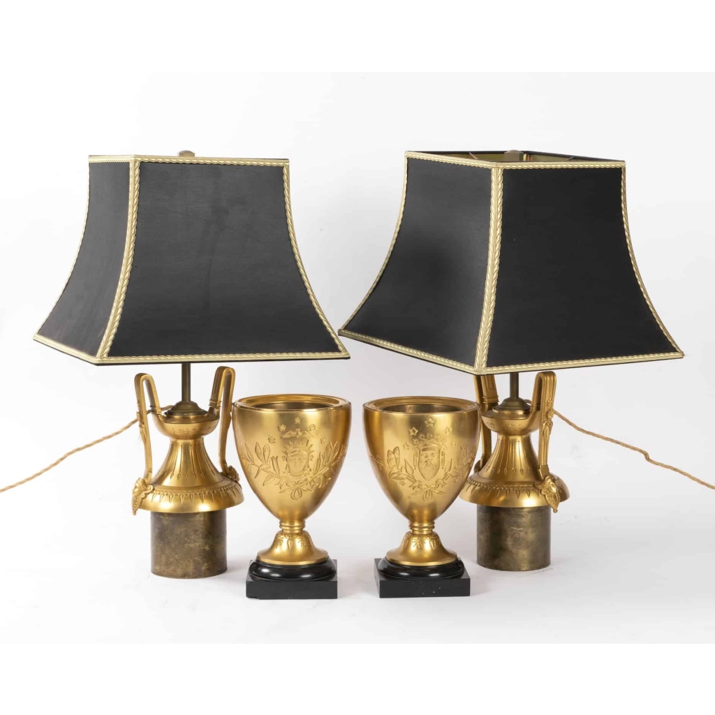 A Pair of French 19th Century Neo-Classical St. Ormulu and Belgium Black Marble Petrol Lamps. | Biron A Pair of French 19th Century Neo-Classical St. Ormulu and Belgium Black Marble Petrol Lamps.