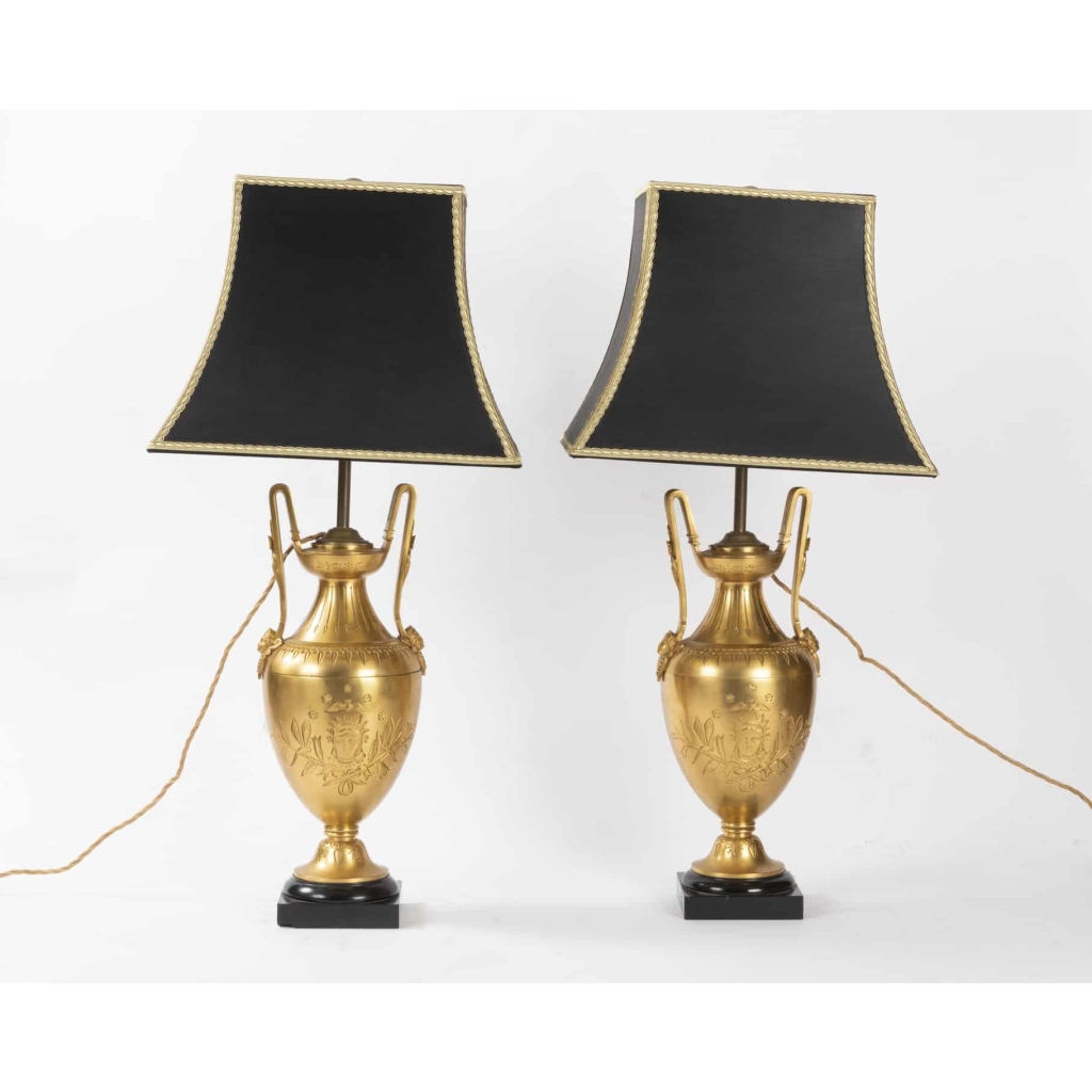 A Pair of French 19th Century Neo-Classical St. Ormulu and Belgium Black Marble Petrol Lamps. | Biron A Pair of French 19th Century Neo-Classical St. Ormulu and Belgium Black Marble Petrol Lamps.