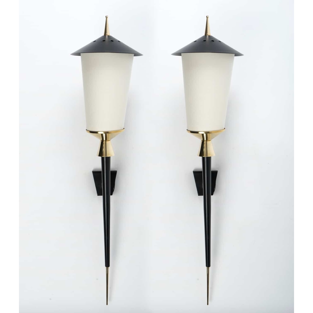 Grande Paire d’appliques « Lanternes » Maison Arlus 1950 | Biron Grande Paire d'appliques "Lanternes" Maison Arlus 1950