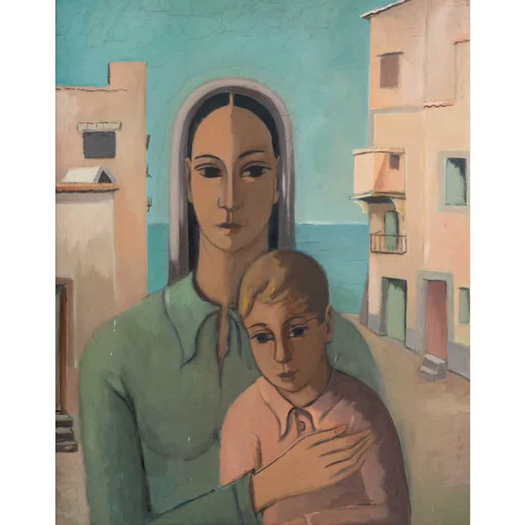 Huile sur toile, Une femme et son enfant, XXème | Biron Huile sur toile, Une femme et son enfant, XXème