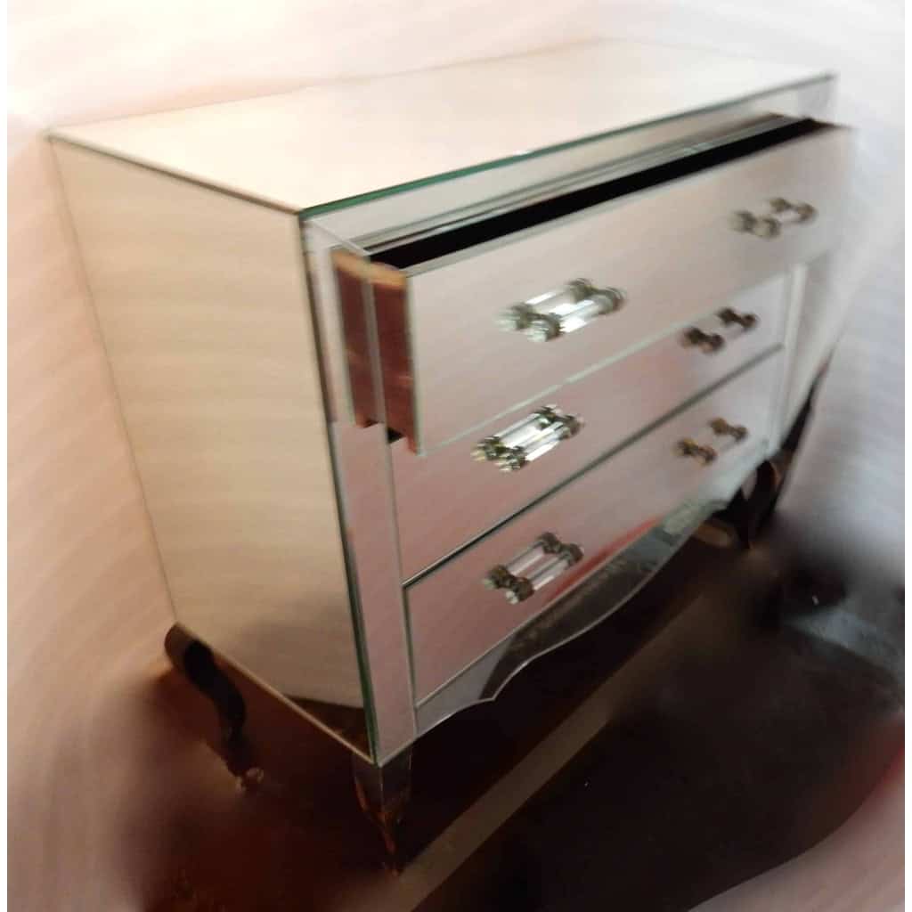 1940/50′ Commode Art Déco Miroir 3 Tiroirs 6 Poignées Verre