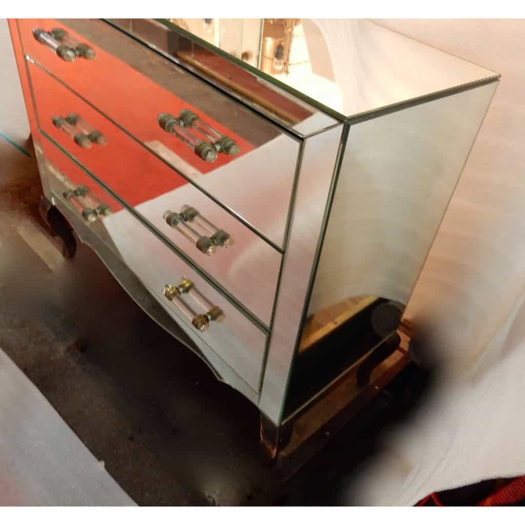 1940/50′ Commode Art Déco Miroir 3 Tiroirs 6 Poignées Verre