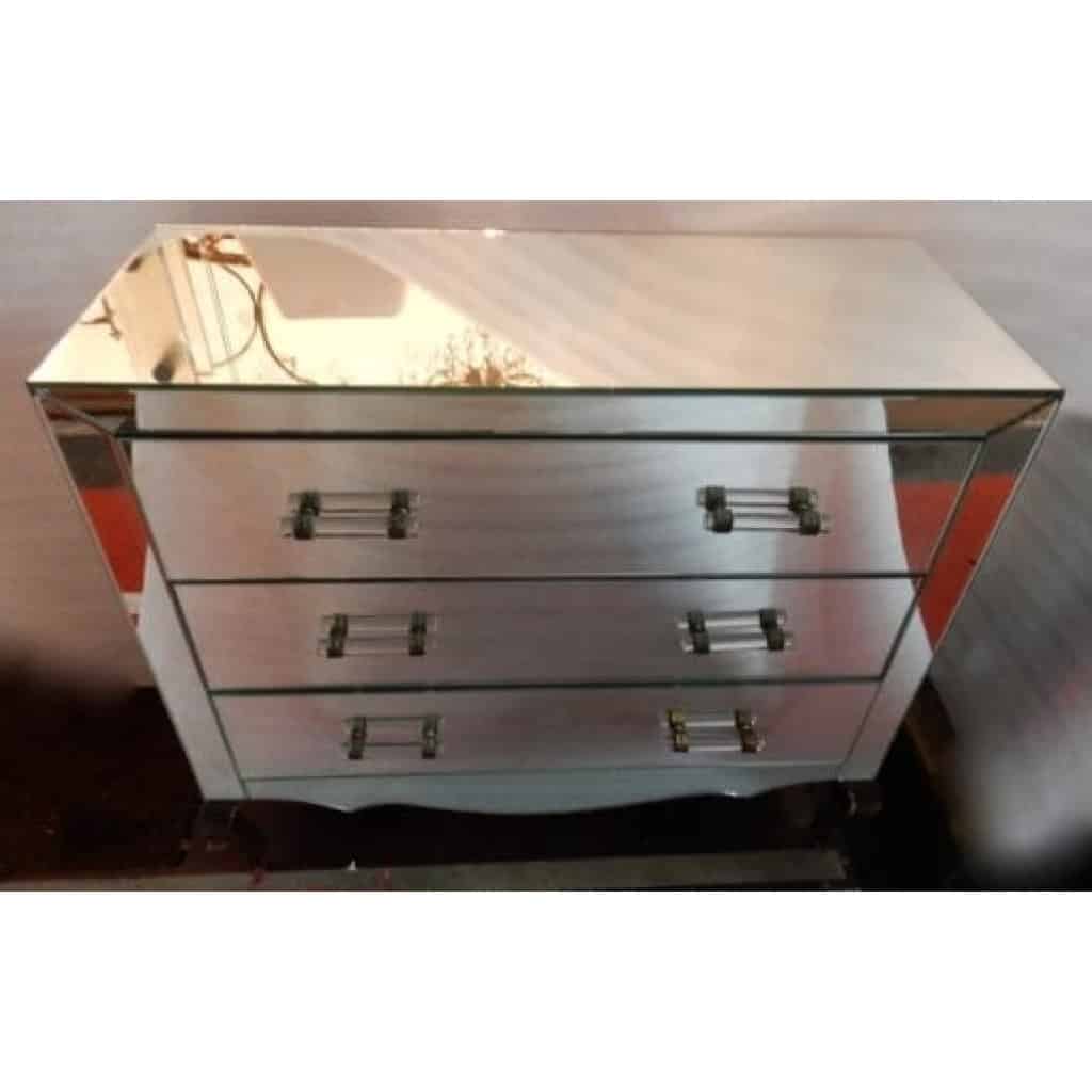 1940/50′ Commode Art Déco Miroir 3 Tiroirs 6 Poignées Verre