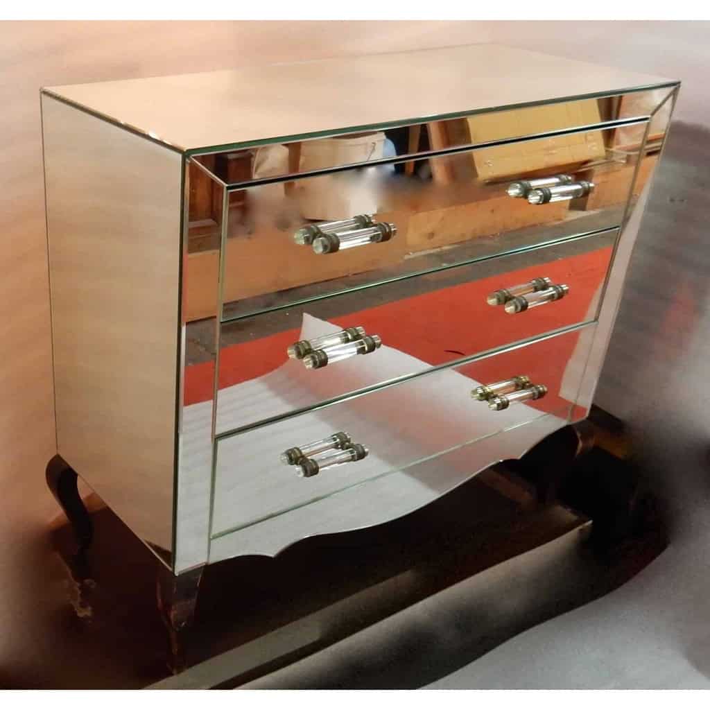 1940/50′ Commode Art Déco Miroir 3 Tiroirs 6 Poignées Verre