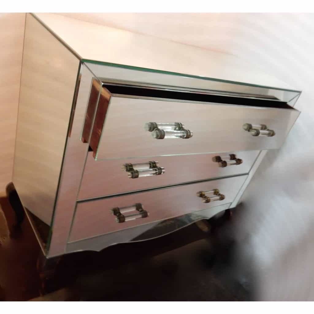 1940/50′ Commode Art Déco Miroir 3 Tiroirs 6 Poignées Verre