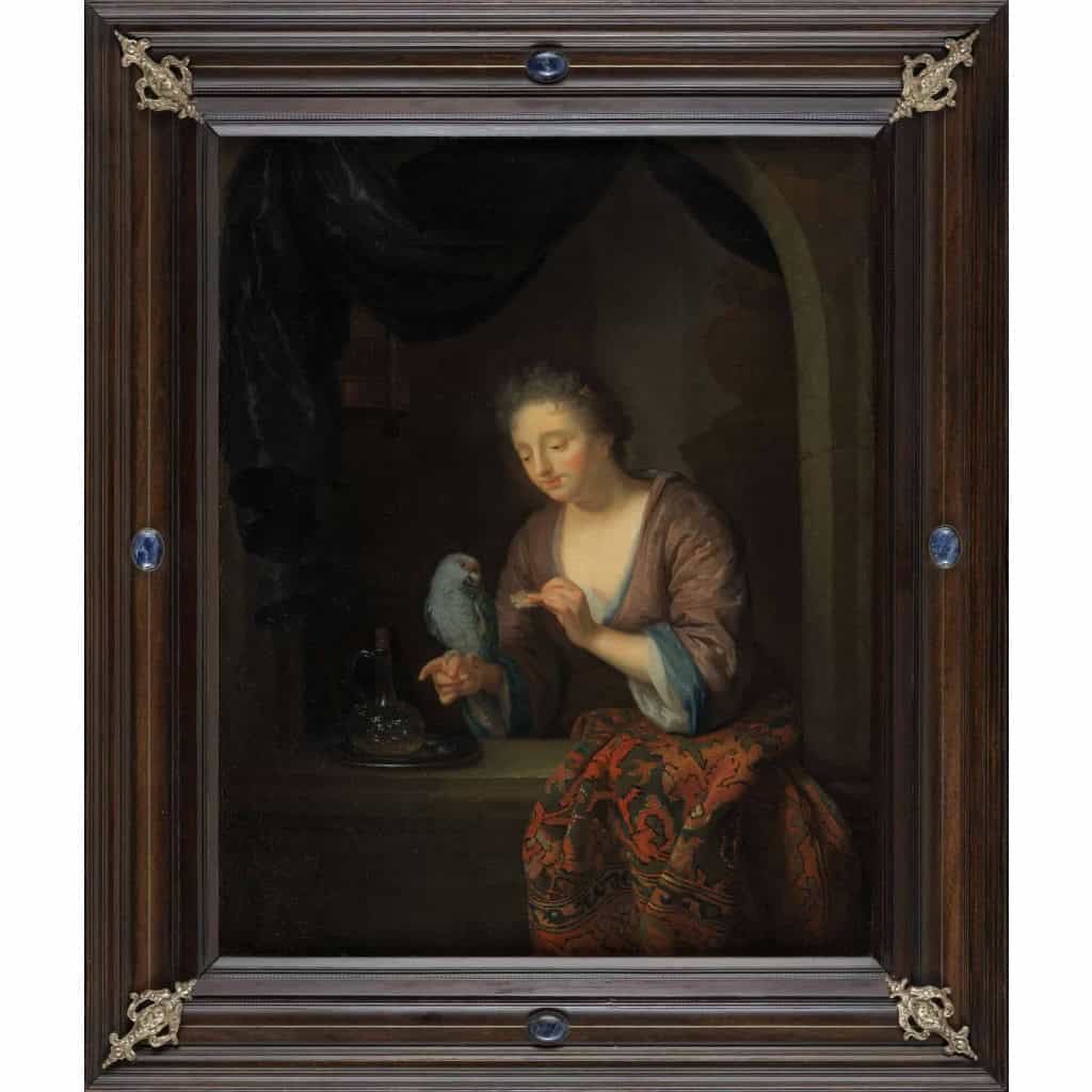 Dame au perroquet – Attr. à Godfried Schalcken (1643 – 1706) – Ancienne collection Duchesse de Kent. | Biron |||||||