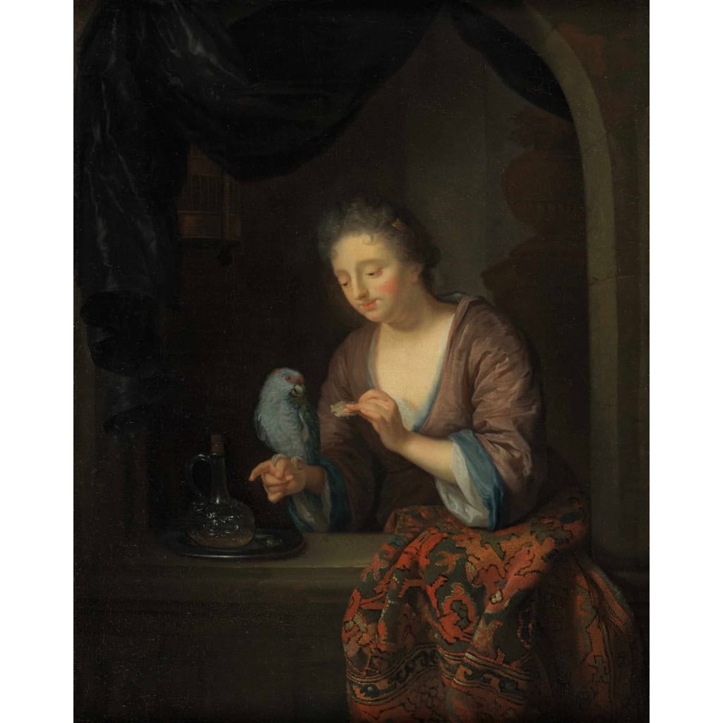 Dame au perroquet – Attr. à Godfried Schalcken (1643 – 1706) – Ancienne collection Duchesse de Kent. | Biron Dame au perroquet – Attr. à Godfried Schalcken (1643 – 1706) – Ancienne collection Duchesse de Kent.