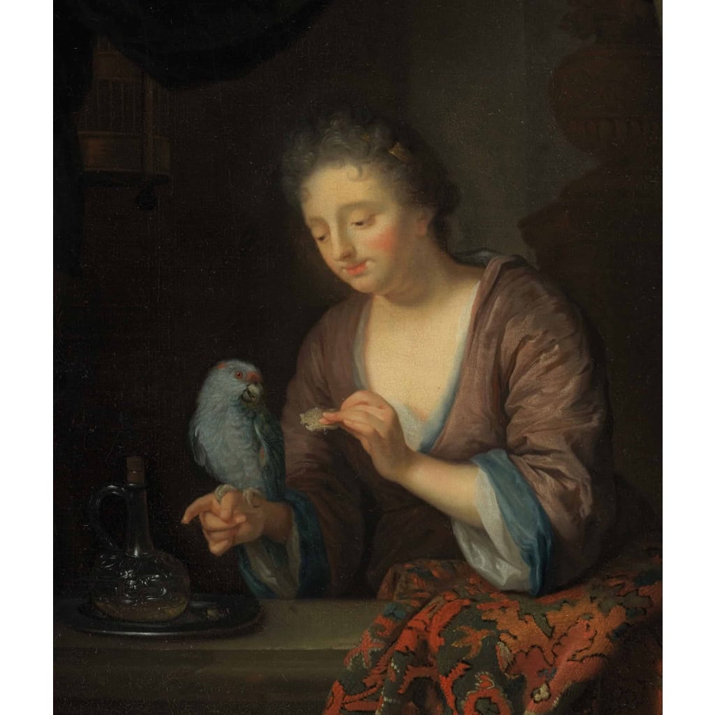 Dame au perroquet – Attr. à Godfried Schalcken (1643 – 1706) – Ancienne collection Duchesse de Kent. | Biron Dame au perroquet – Attr. à Godfried Schalcken (1643 – 1706) – Ancienne collection Duchesse de Kent.