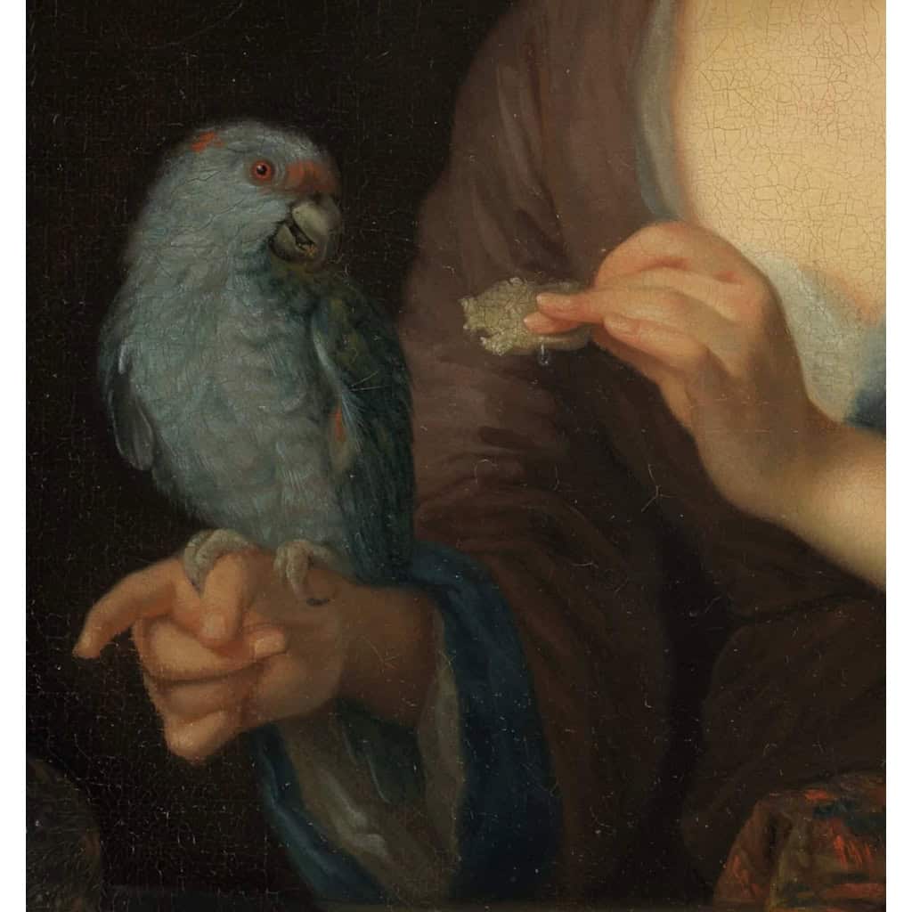 Dame au perroquet – Attr. à Godfried Schalcken (1643 – 1706) – Ancienne collection Duchesse de Kent. | Biron Dame au perroquet – Attr. à Godfried Schalcken (1643 – 1706) – Ancienne collection Duchesse de Kent.