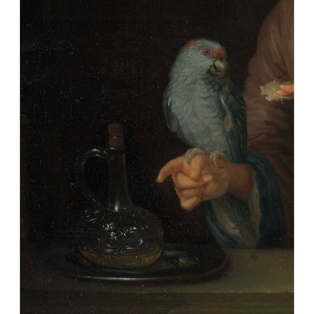 Dame au perroquet – Attr. à Godfried Schalcken (1643 – 1706) – Ancienne collection Duchesse de Kent. | Biron Dame au perroquet – Attr. à Godfried Schalcken (1643 – 1706) – Ancienne collection Duchesse de Kent.