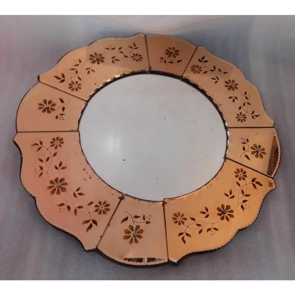 1970′ Miroir Cuivré Avec Décor De Fleurs Églomisés | Biron |||||||