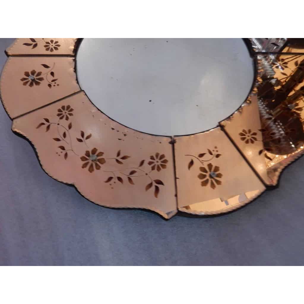 1970′ Miroir Cuivré Avec Décor De Fleurs Églomisés | Biron 1970′ Miroir Cuivré Avec Décor De Fleurs Églomisés