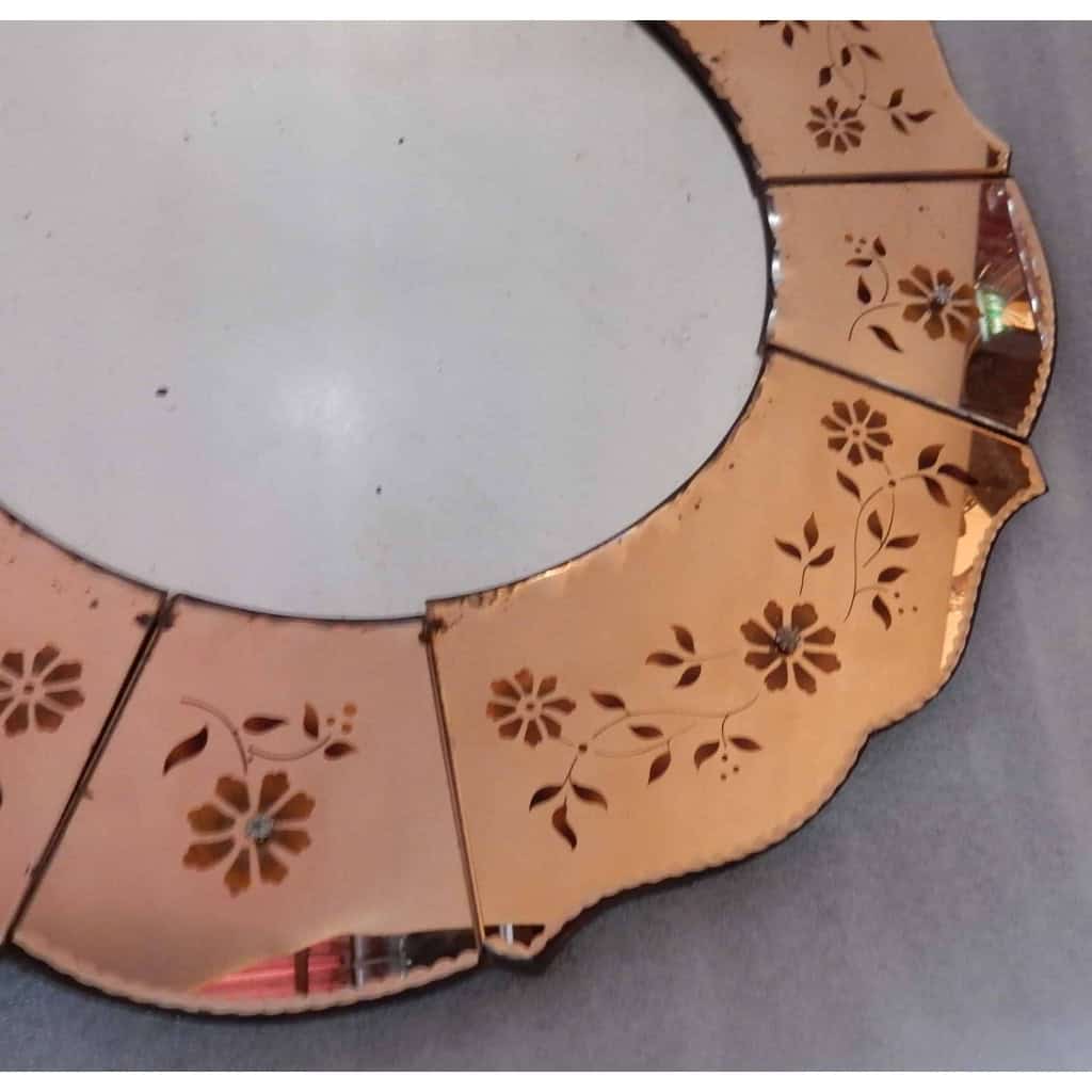 1970′ Miroir Cuivré Avec Décor De Fleurs Églomisés | Biron 1970′ Miroir Cuivré Avec Décor De Fleurs Églomisés