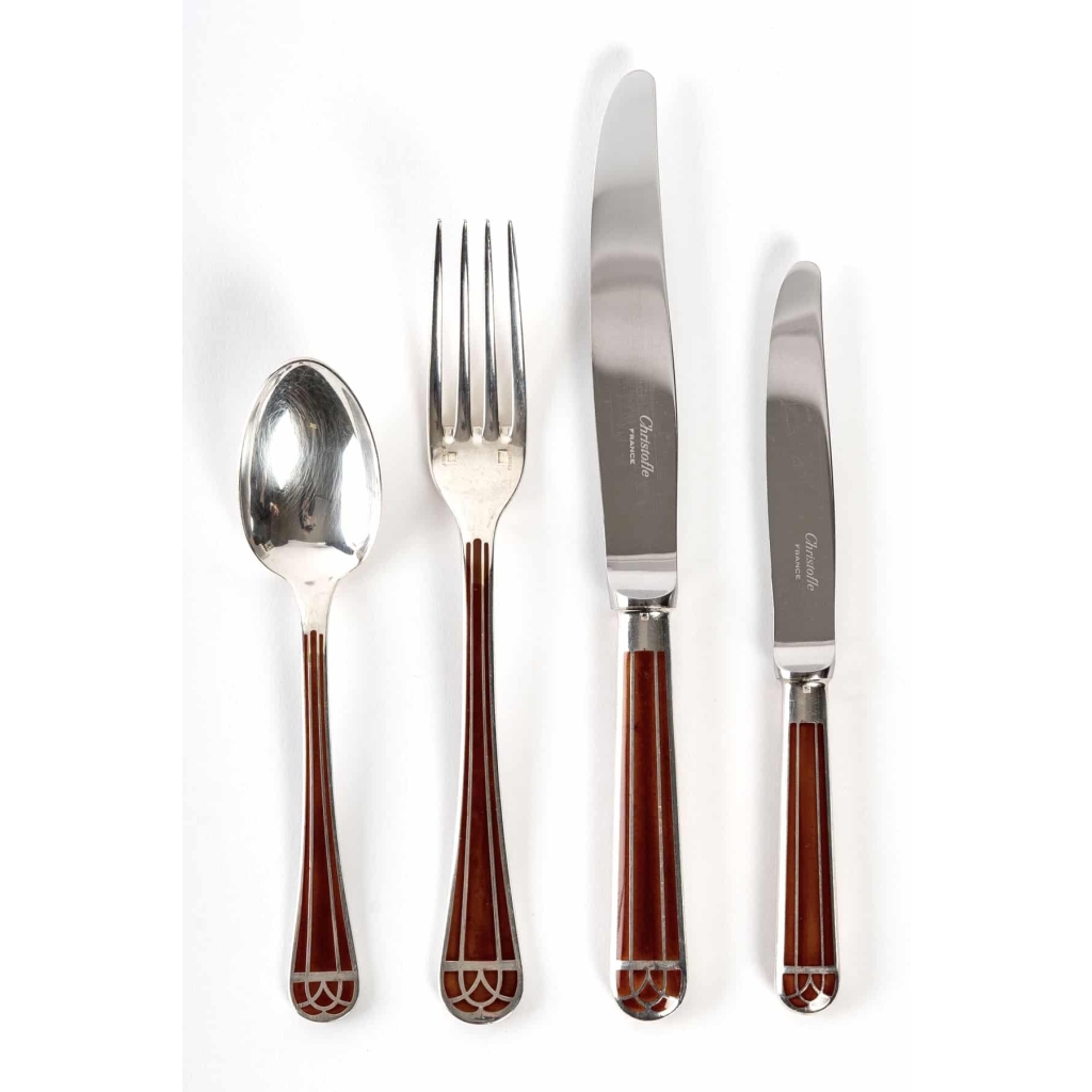 Ménagère « Talisman » métal argenté et laque de chine brune de CHRISTOFLE – 24 pièces | Biron |||||||||