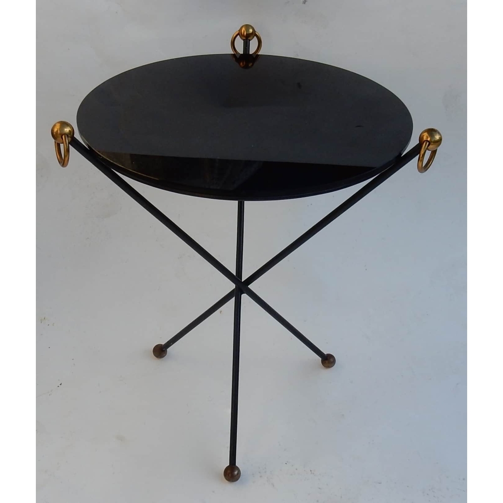 1960/70′ Guéridon Fer Forgé Ornements En Laiton Style Jacques Adnet Diamètre 49 cm | Biron |||||||