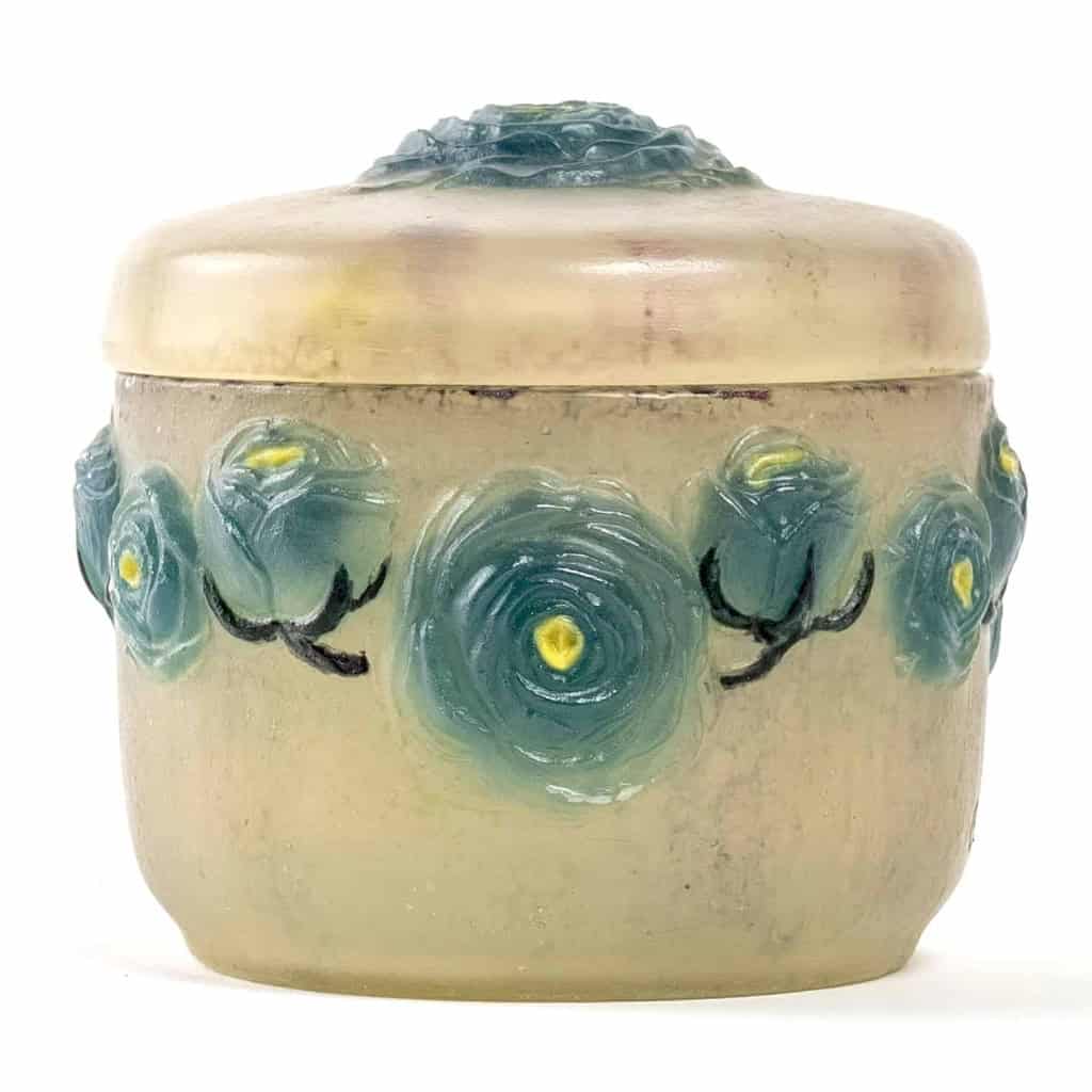 Boîte « Roses », « Renonculus » pâte de verre turquoise, jaune et blanche de Gabriel ARGY-ROUSSEAU | Biron |||||||||