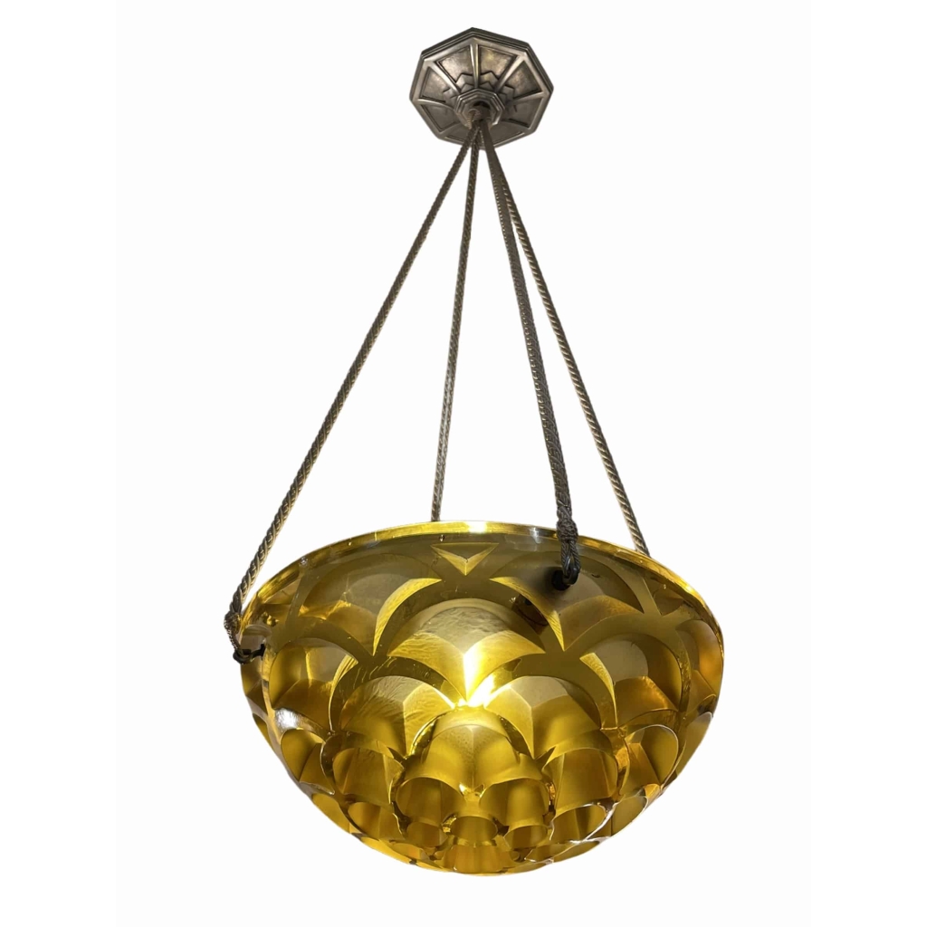 Suspension Plafonnier « Rinceaux » verre jaune de René LALIQUE | Biron |||||||