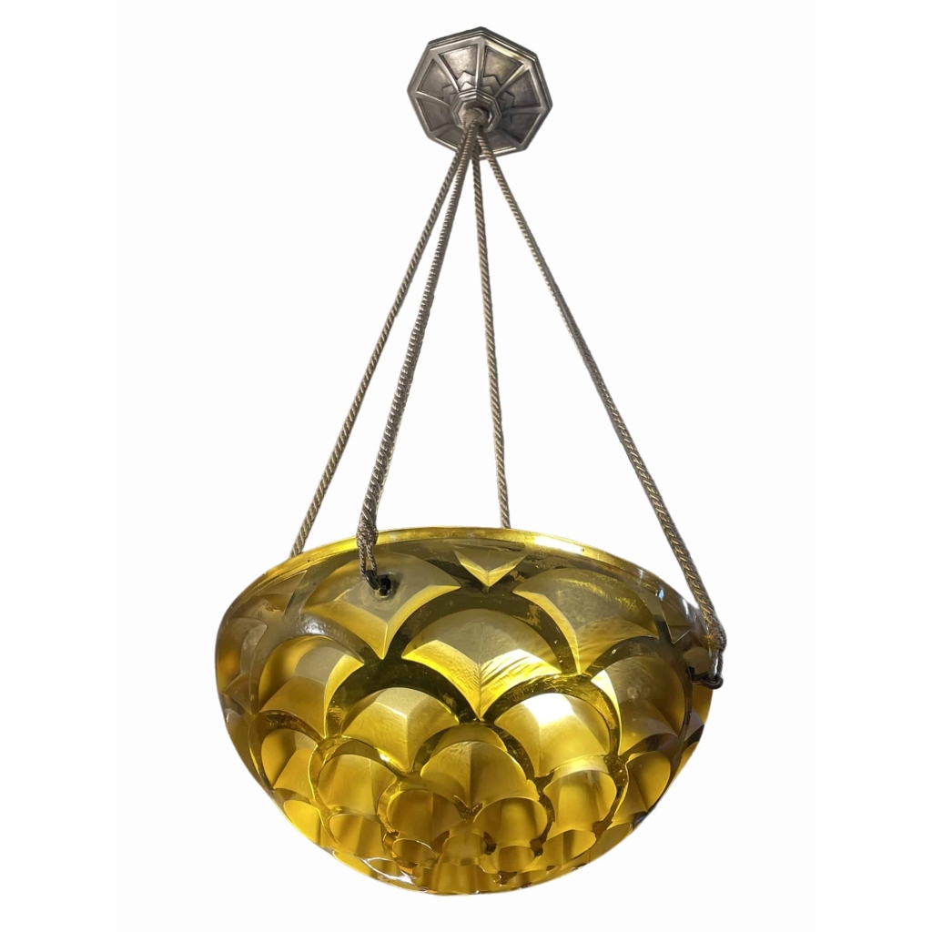 Suspension Plafonnier « Rinceaux » verre jaune de René LALIQUE | Biron Suspension Plafonnier « Rinceaux » verre jaune de René LALIQUE