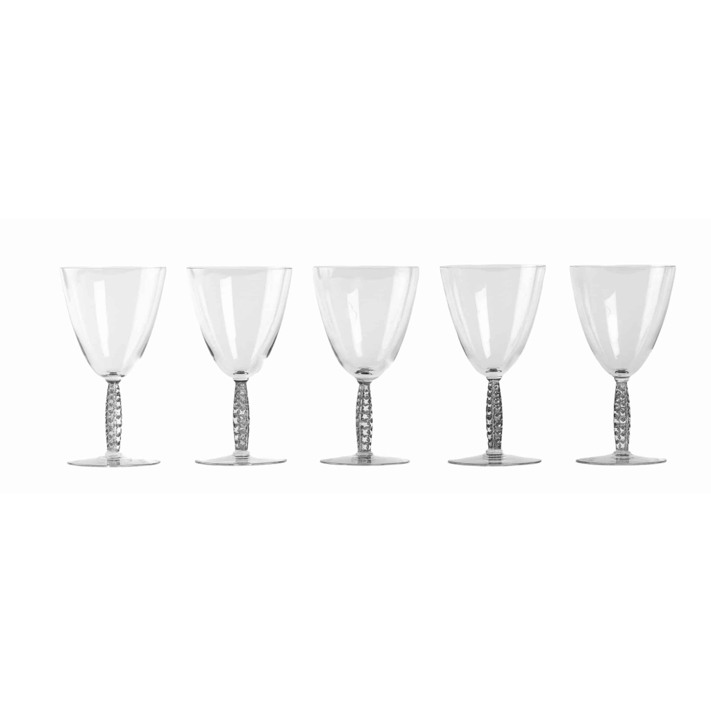 Suite de 5 cinq verres à vin « Dornach » verre blanc patiné gris de René LALIQUE | Biron ||||||