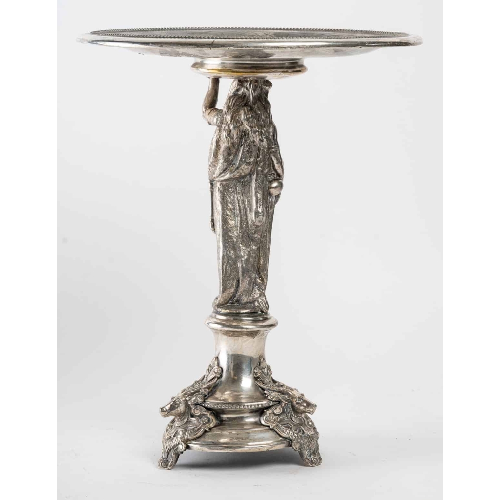 coupe en bronze argenté suportée par une figure de chasseur | Biron coupe en bronze argenté suportée par une figure de chasseur