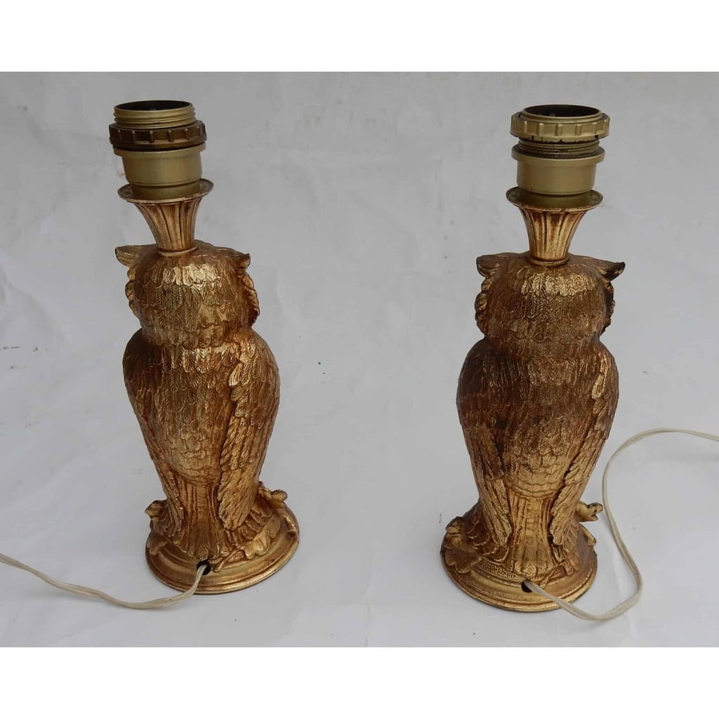 1970′ Paire De Lampes à La Chouette Résine Dorée