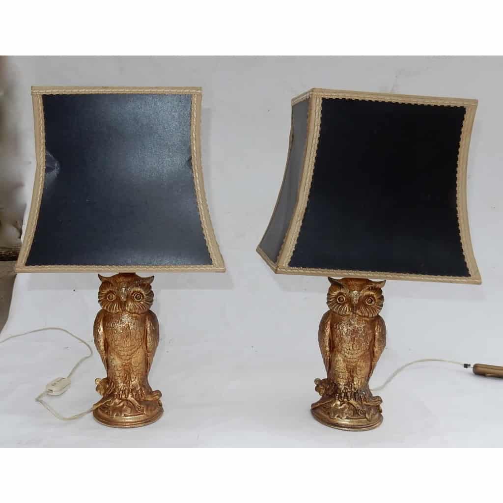 1970′ Paire De Lampes à La Chouette Résine Dorée
