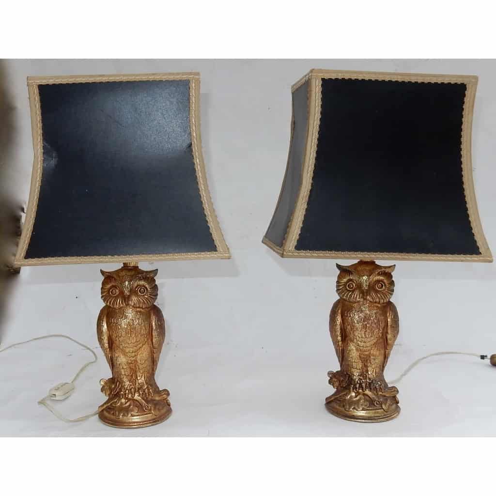 1970′ Paire De Lampes à La Chouette Résine Dorée