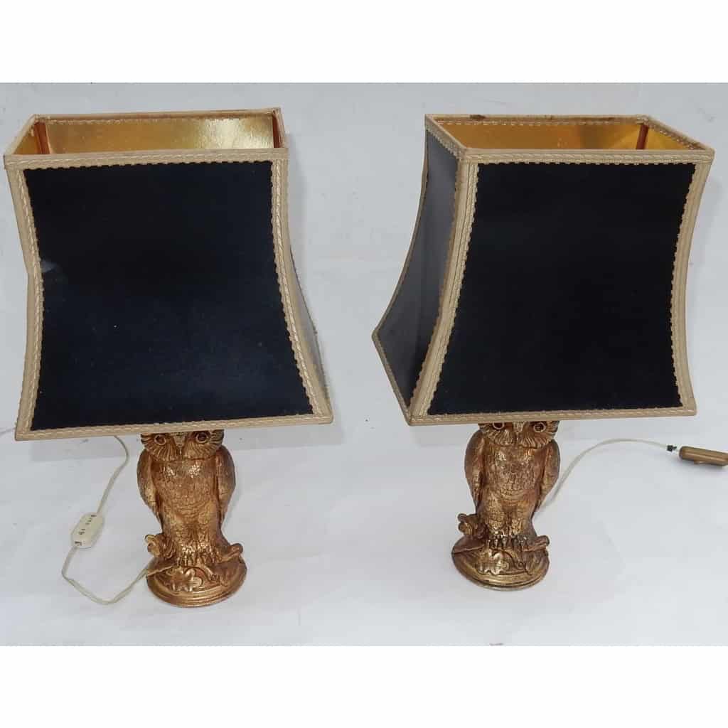 1970′ Paire De Lampes à La Chouette Résine Dorée