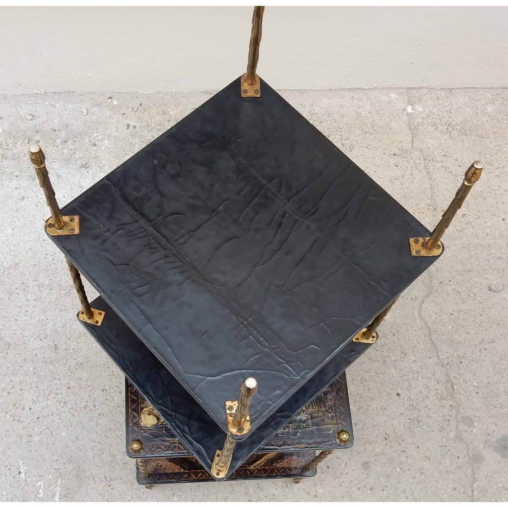 1950′ Paire de Tables Maison Baguès Décor Palmier en Bronze Doré Avec Plateaux Laque de Chine 36 X 36 X H 54 CM