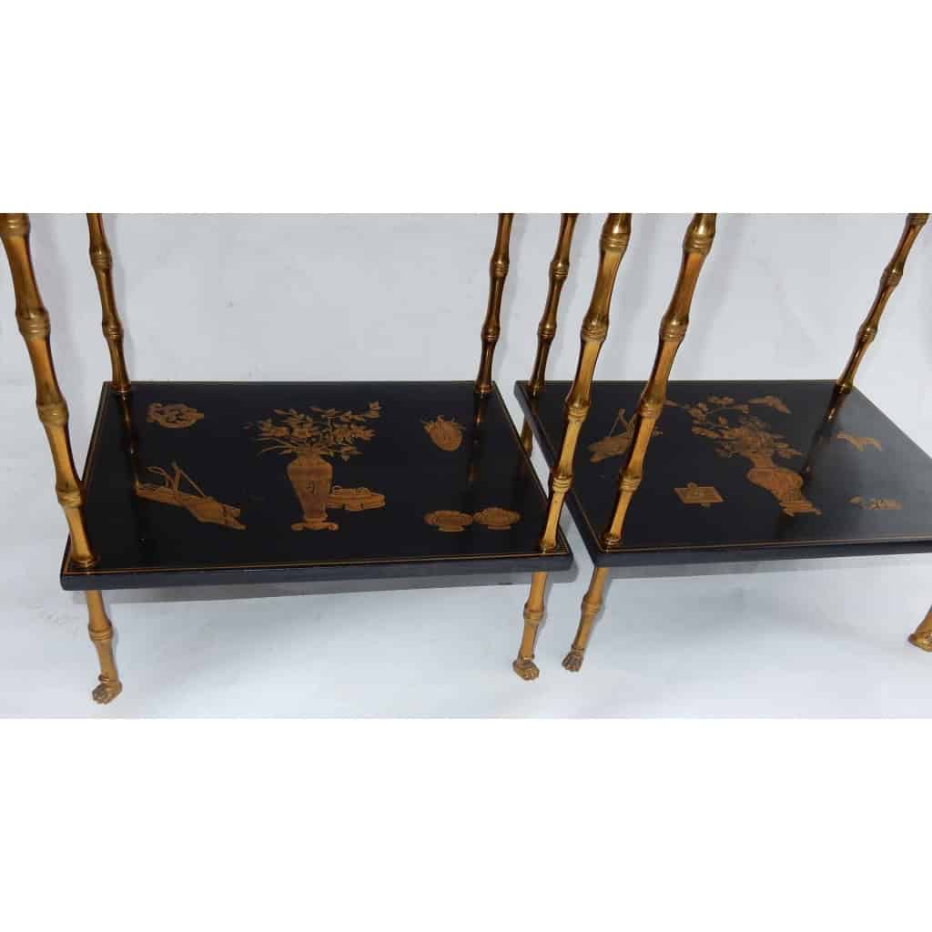 1950′ Paire de Tables Maison Baguès Décor Bambou en Bronze Doré Avec Plateaux Laque de Chine 40 X 30 X H 58