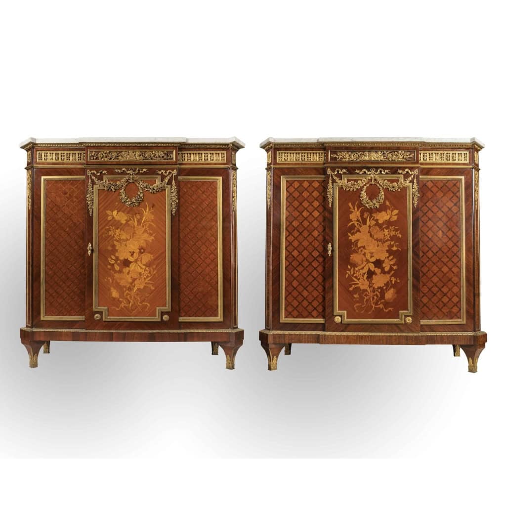 A Pair of French 19th Century Louis XVI St. Mahogany and Ormulu Mounted Meuble d’appui after Henry Dasson. | Biron ||