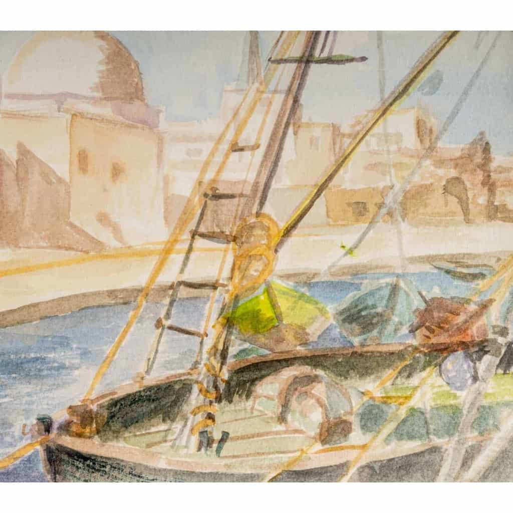 Dessin sur papier sous verre, encadré, signé Luez, XXème siècle. Vue d’un Port Oriental. | Biron Dessin sur papier sous verre, encadré, signé Luez, XXème siècle. Vue d'un Port Oriental.