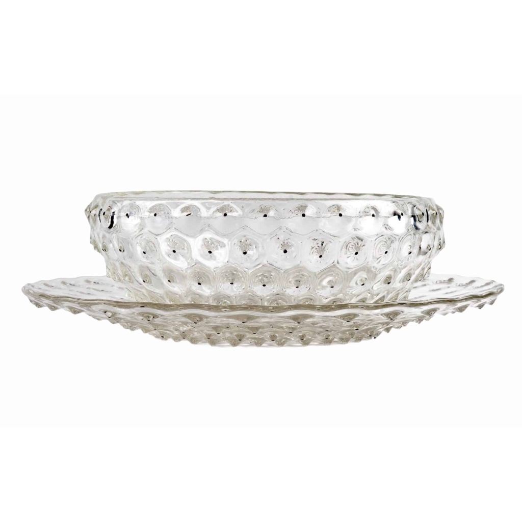 Coupe et Plat « Cactus » verre blanc émaillé noir de René LALIQUE | Biron Coupe et Plat "Cactus" verre blanc émaillé noir de René LALIQUE