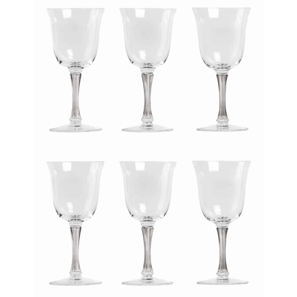 Suite de 6 six verres à vin « Barsac » verre blanc patiné gris de René LALIQUE | Biron |||||